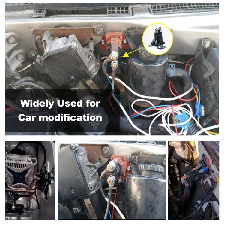12V DC relay contactor installed in car wiring, shown in inset