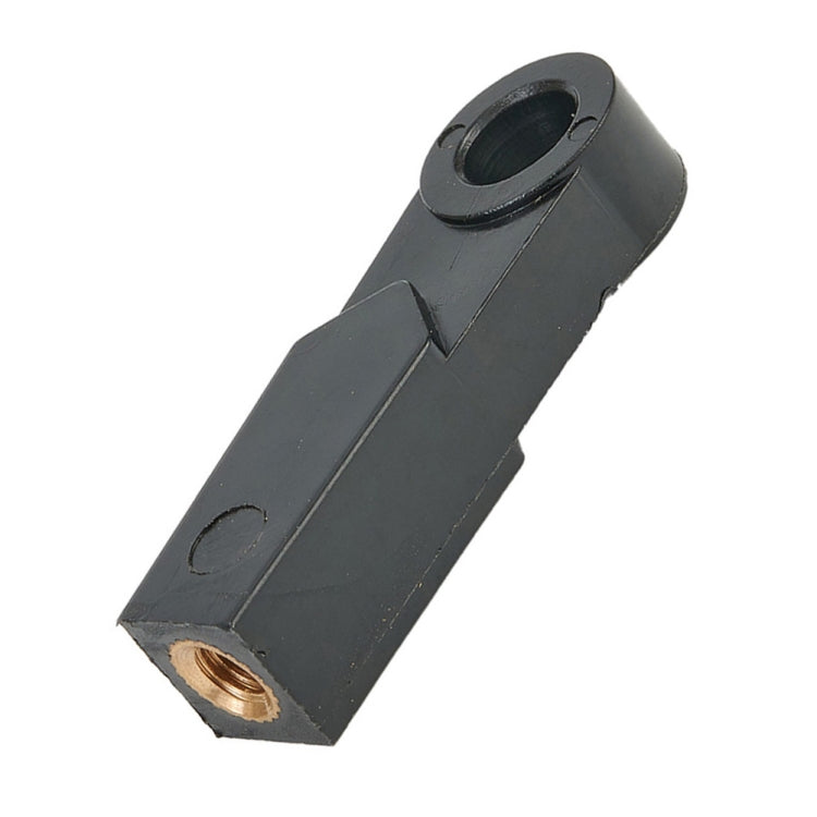 Throttle cable connector, dark gray rectangular body with brass threaded end and round intake