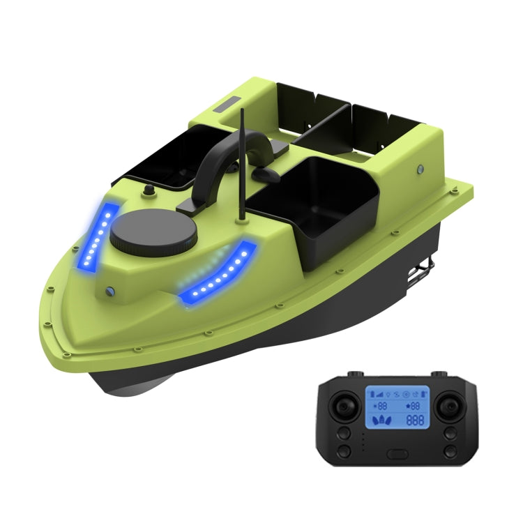 Remote-controlled fishing bait boat with antenna, LED lights, and handheld controller