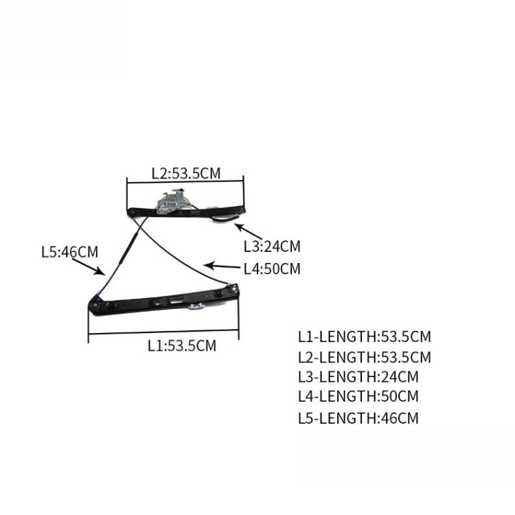 Window regulator dimensions diagram with measured lengths and bracket layout
