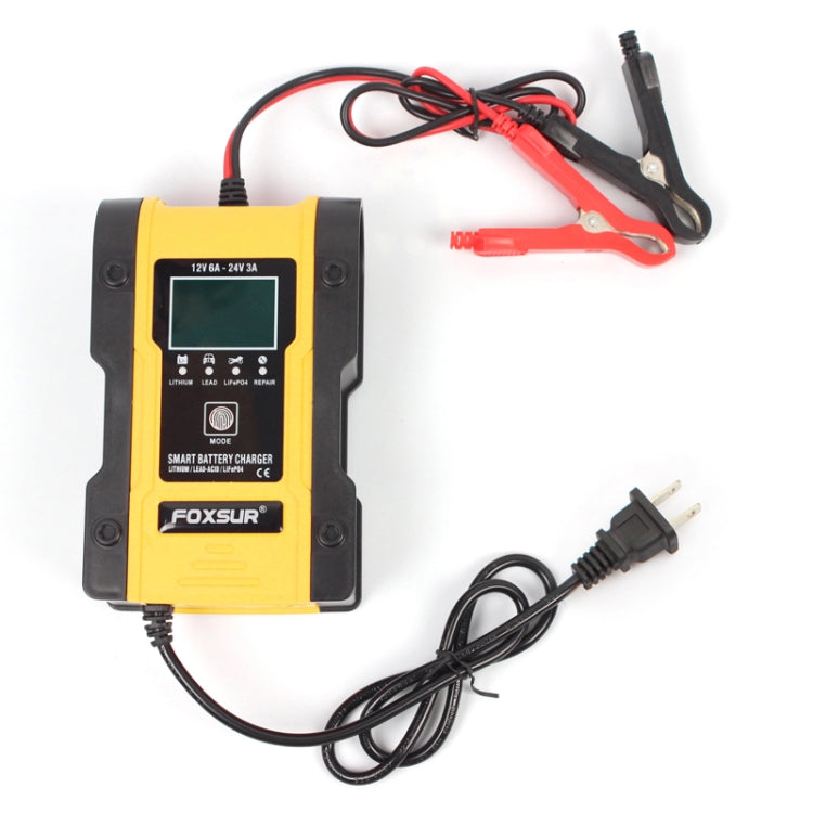 AGM battery charger with yellow and black housing, digital screen, power cable with plug