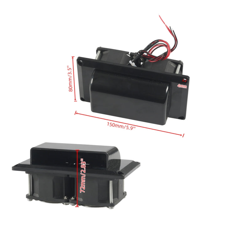 Black exhaust fan with front cover; dimensions shown 150mm W and 80mm H