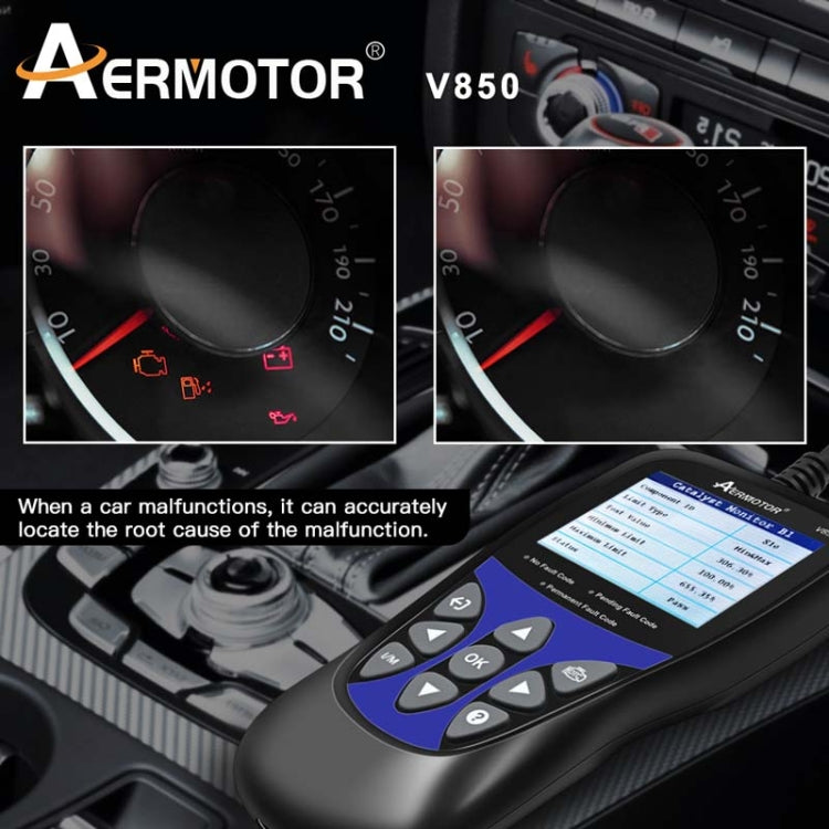 OBD2 code reader resting on car dashboard with LCD screen and button panel