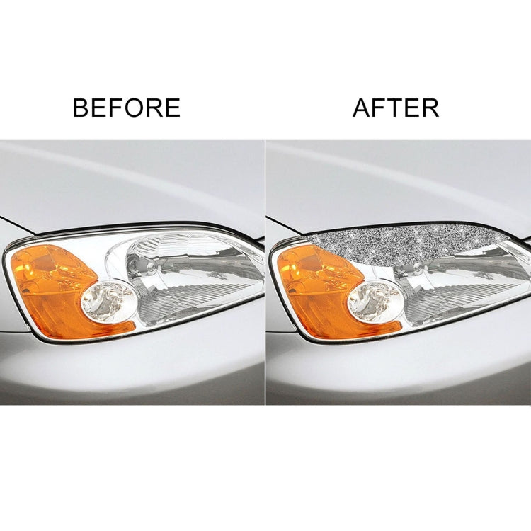 Headlight eyebrow sticker shown on car headlamp: before vs after, silver glitter trim