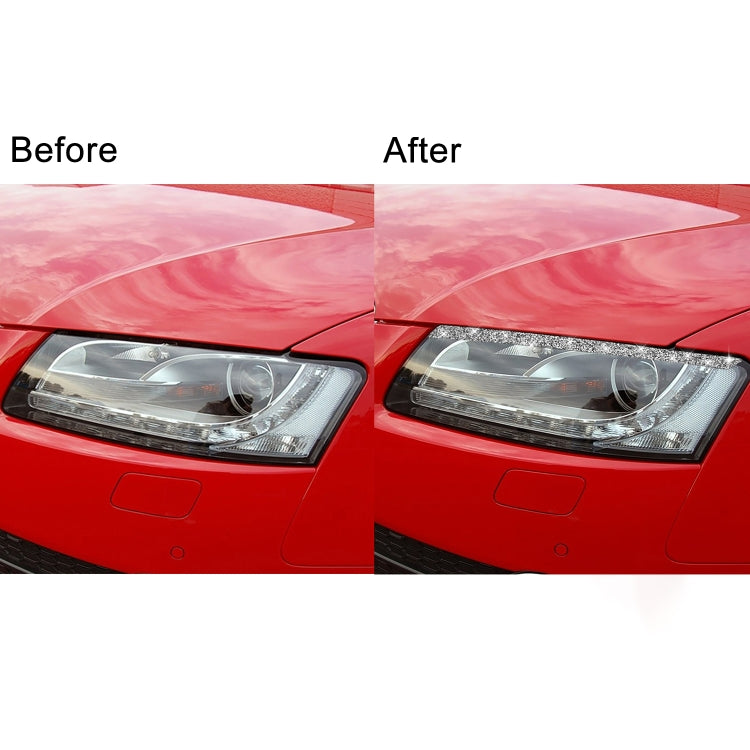 Split before/after view: silver glitter headlight eyebrow strips on car