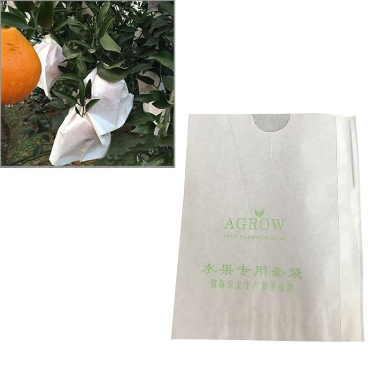 White fruit protective bag with green lettering and hanging cutout, paper packaging