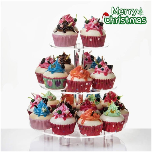 Three-tier clear acrylic cupcake stand holding decorated cupcakes