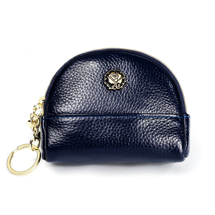 Dark blue textured leather half-moon zipper wallet with keyring and small front pocket