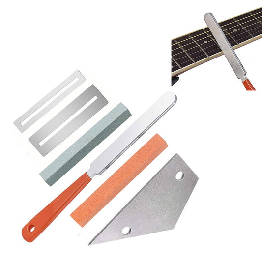Guitar fret polishing tool set with metal file, orange handle, and polishing stones