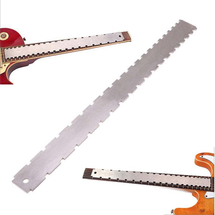 Guitar fret notch measuring ruler with cutout holes for alignment