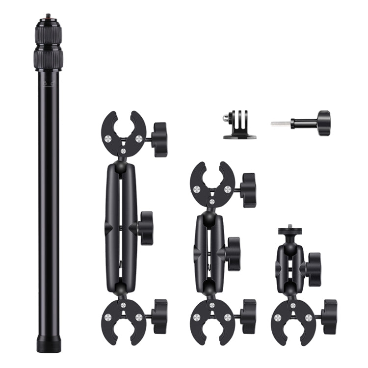 Motorcycle selfie stick mount parts set: telescopic pole, clamps, and mounting adapters