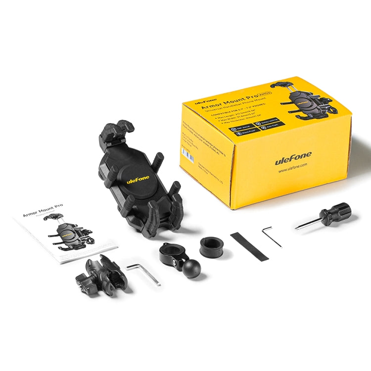 Ulefone Armor Mount Pro AM02 bike phone holder kit with box, parts, and tools