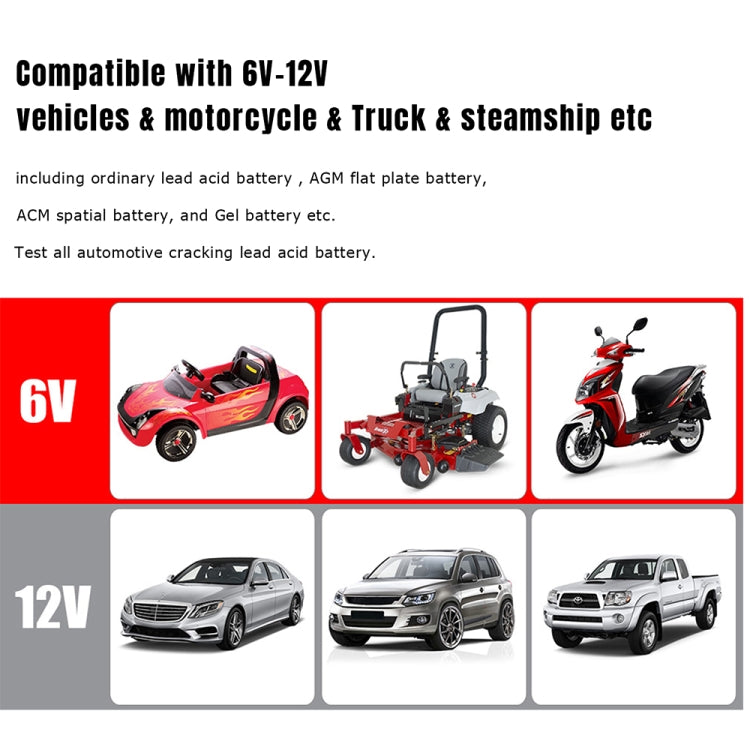 Car battery tester compatibility for 6V and 12V vehicles, motorcycle, truck