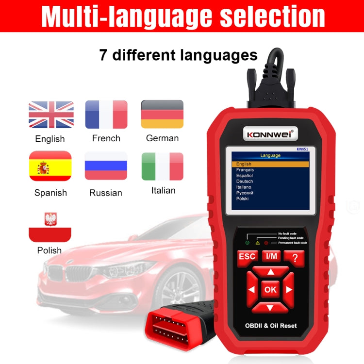 KONNWEI OBD2 oil reset scanner showing multi-language selection on screen