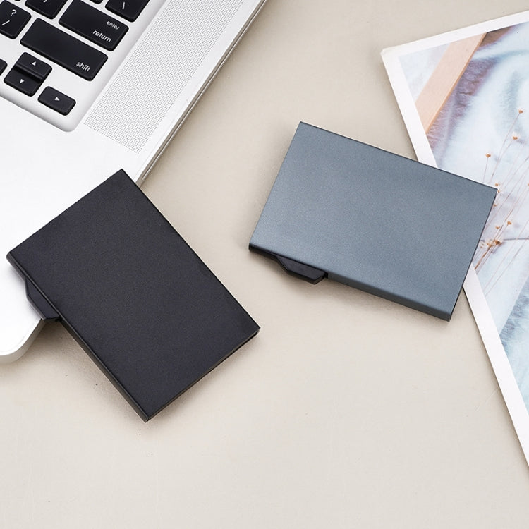 Two matte aluminum RFID card holders with anti-magnetic flap: black and blue-gray.