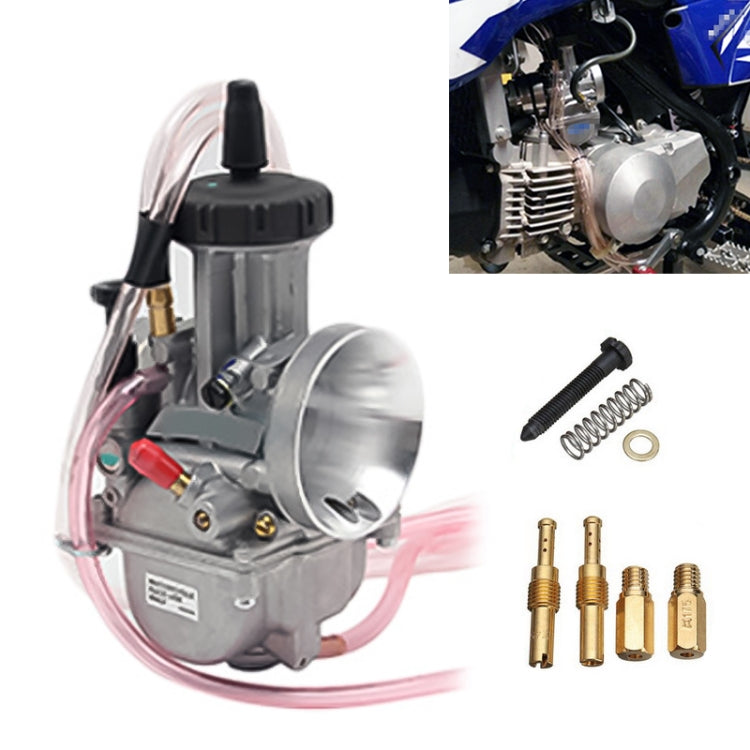 Universal motorcycle carburetor with cable and choke, silver body and brass jets