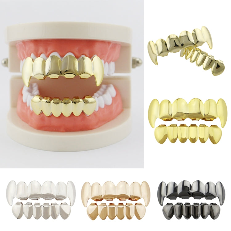 Gold and silver costume dentures set on display, showing multiple tooth styles