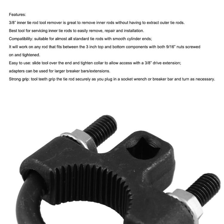 Black inner rod removal clamp tool with serrated jaw and two threaded screw posts