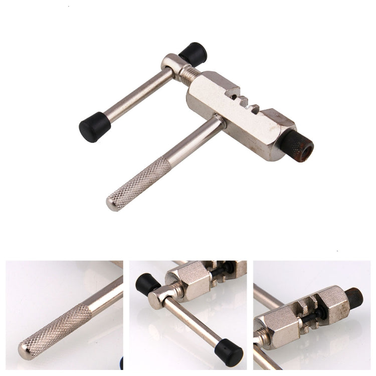 Bicycle chain breaker tool shown from multiple angles with black grips and pin head