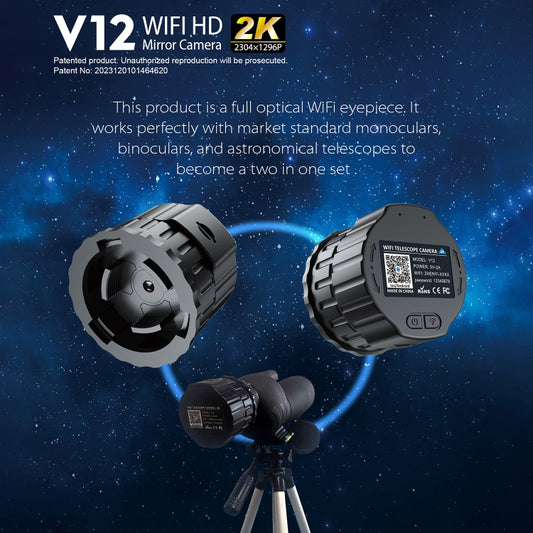Black WiFi telescope mirror camera eyepiece with tripod-mounted telescope