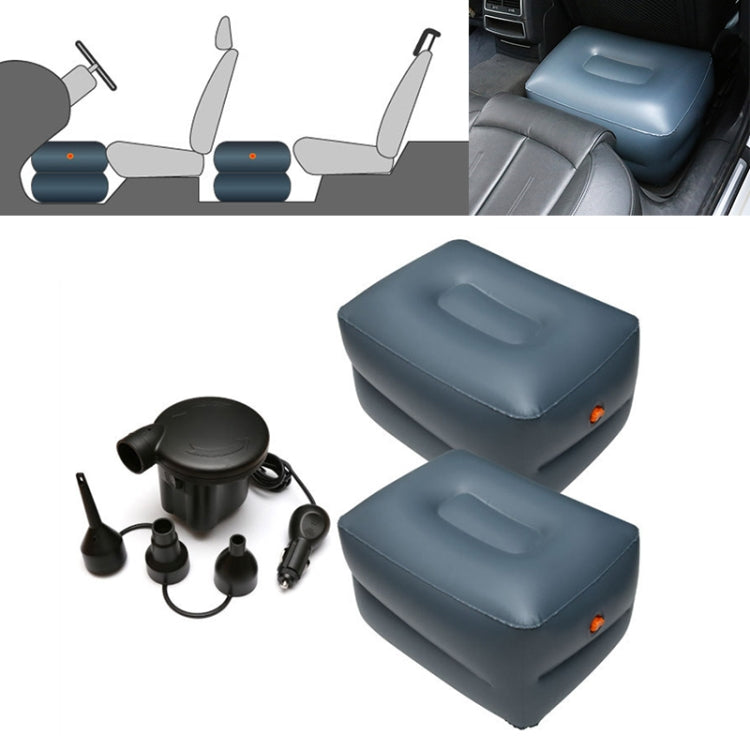 Two dark blue inflatable car stools with recessed tops and included orange pump parts