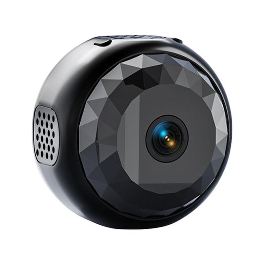 Black mini WiFi security camera with wide-angle lens and speaker vents