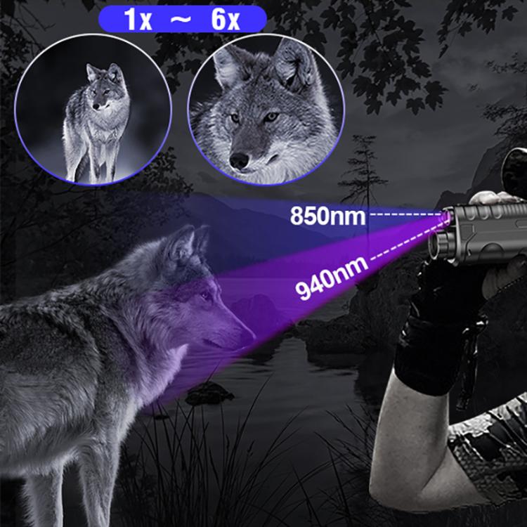 Outdoor night vision monocular aimed at wildlife, showing range bands on display.
