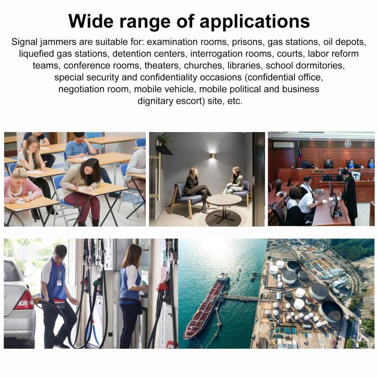 Signal jammer applications collage with multiple venue photos and headings