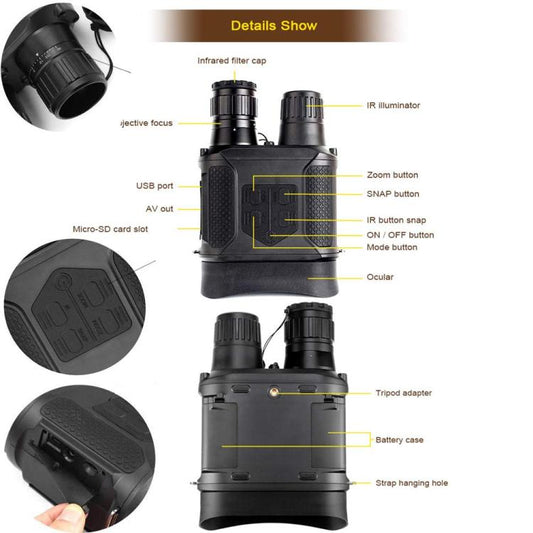 Black night vision binocular with zoom button, IR controls, USB port, and micro-SD slot