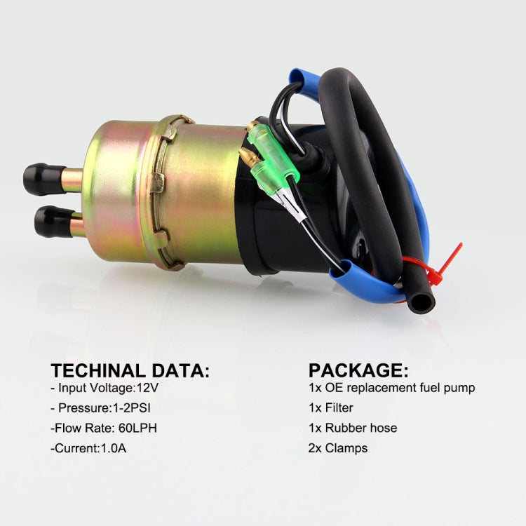 12V electric fuel pump with blue hose, black electrical leads, and green wire connector