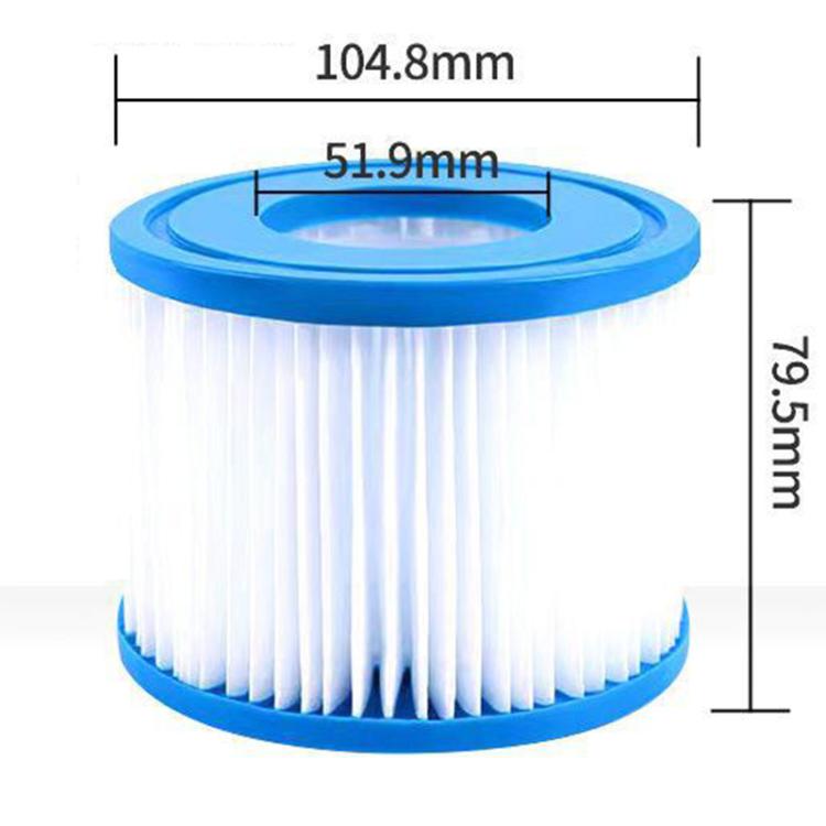 HEPA pool filter cartridge with pleated white media and blue rim; size diagram shown