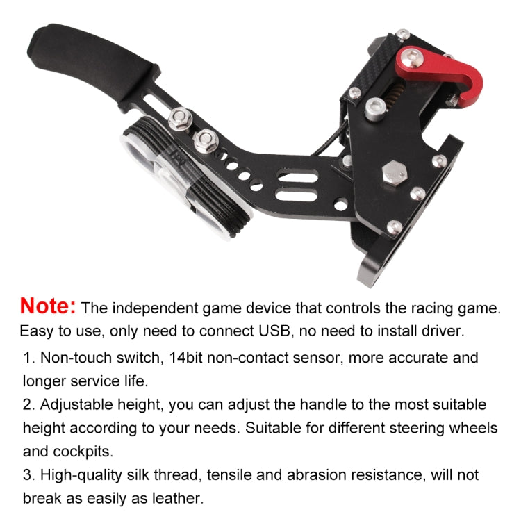 Black handbrake lever with foam grip and red trigger, showing USB cable connection