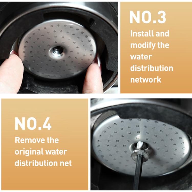 Installed round stainless steel water distribution net in a coffee machine portafilter
