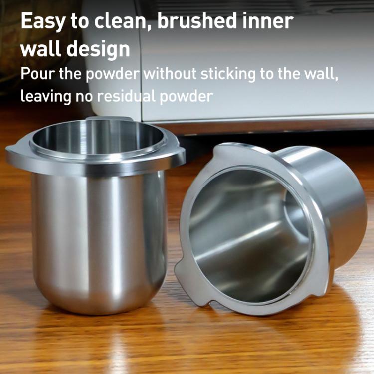 Stainless steel dosing cups showing brushed inner wall and wide openings