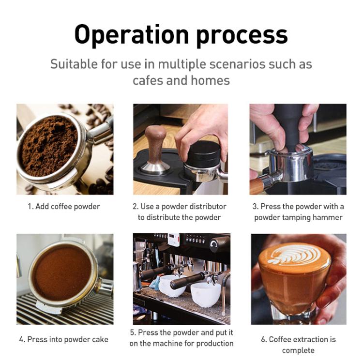 Coffee powder tamper operation process infographic with tamping steps
