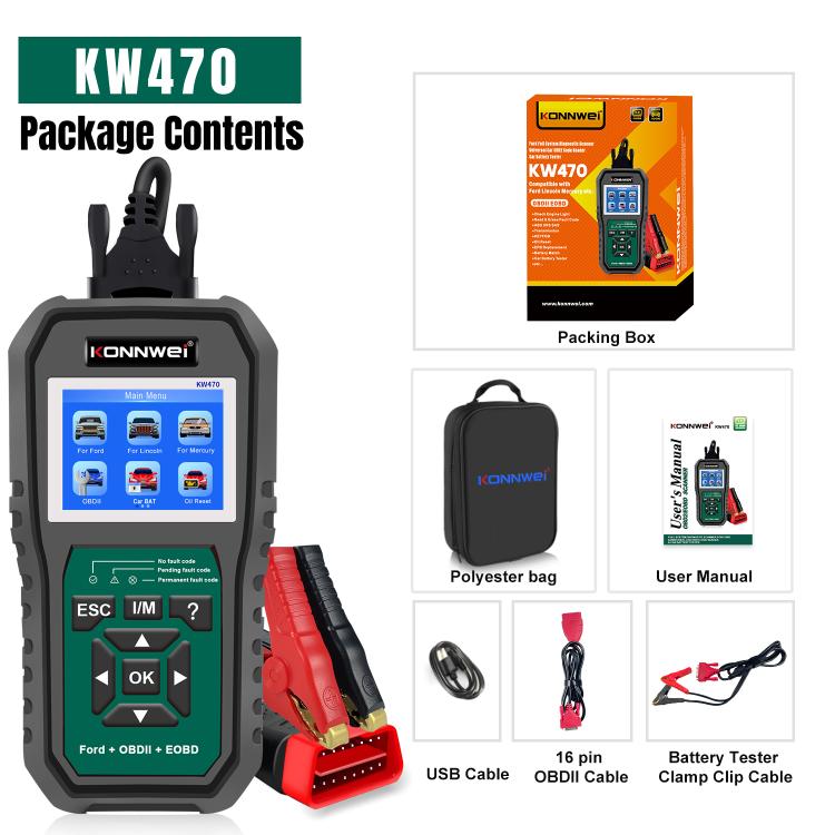 KONNWEI KW470 OBD2 scan tool kit with scanner, carry case, cables, and manual