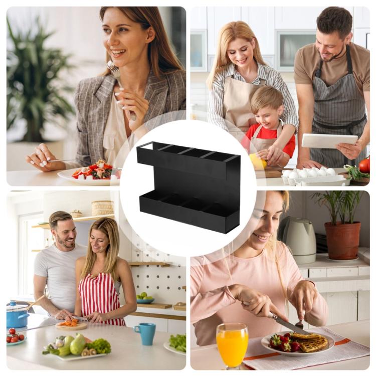 Black cutlery organizer rack shown in use for kitchen storage