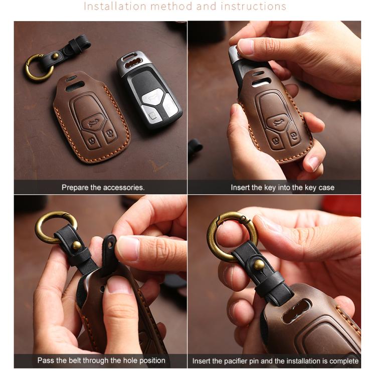 Leather key cover installation, key fob case shown with hands and key inserted