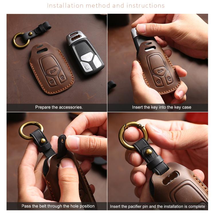 Leather key fob cover installation with hands attaching key ring and inserting key