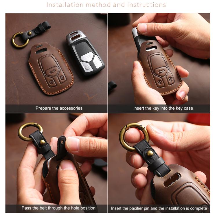 Leather key fob cover kit with key ring, shown during installation by hands