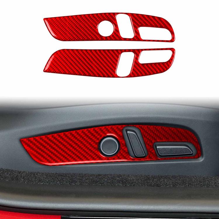 Red carbon fiber seat adjustment panel stickers, two pieces installed on car door controls