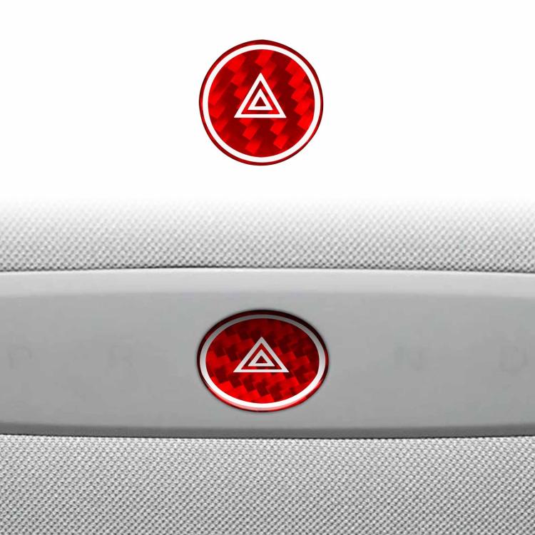 Carbon fiber hazard light button sticker with red ring and hazard triangle icon