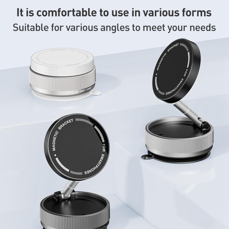 Three-axis folding vacuum magnetic car phone holder with white suction base and hinged arm