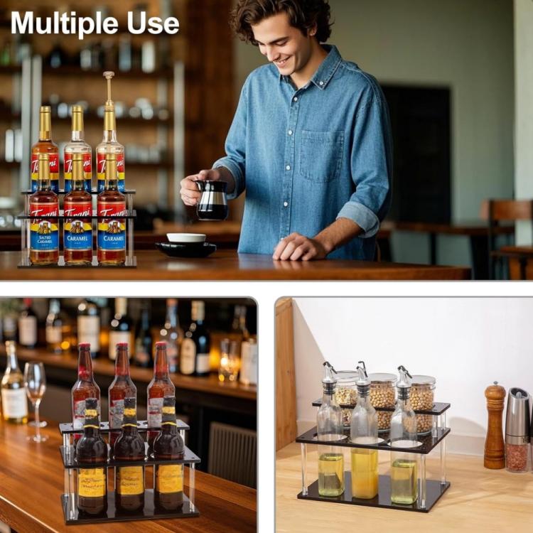 2-tier organizer stand for bottles with black shelves, clear tiers, and sturdy transparent legs