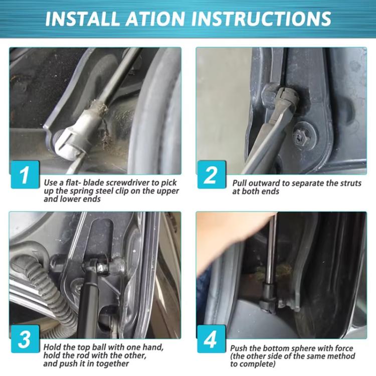 Installation instruction diagram for trunk lift struts with step-by-step icons