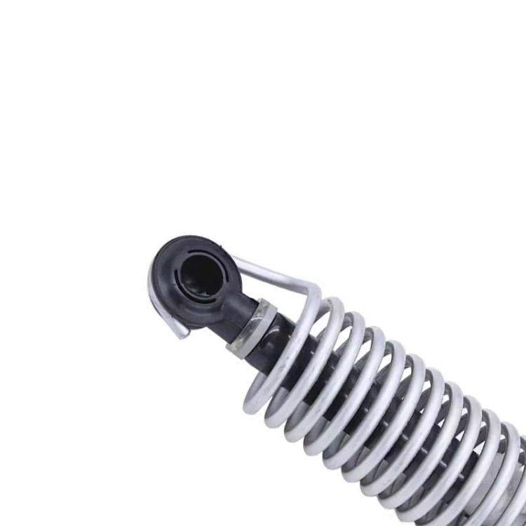 Spring support rod end fitting with black bushing and silver coil spring
