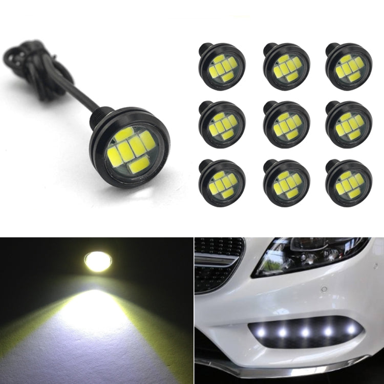 Set of round 6-LED eagle-eye motorcycle lights with black housings, emitting white light