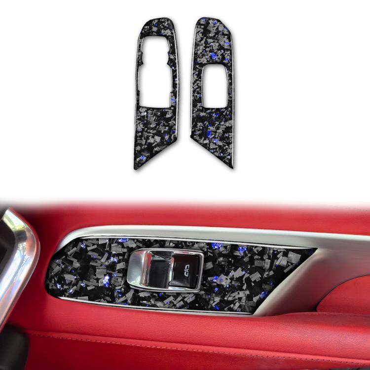 2-piece left driver window lift trim stickers, black carbon-fiber style with blue accents