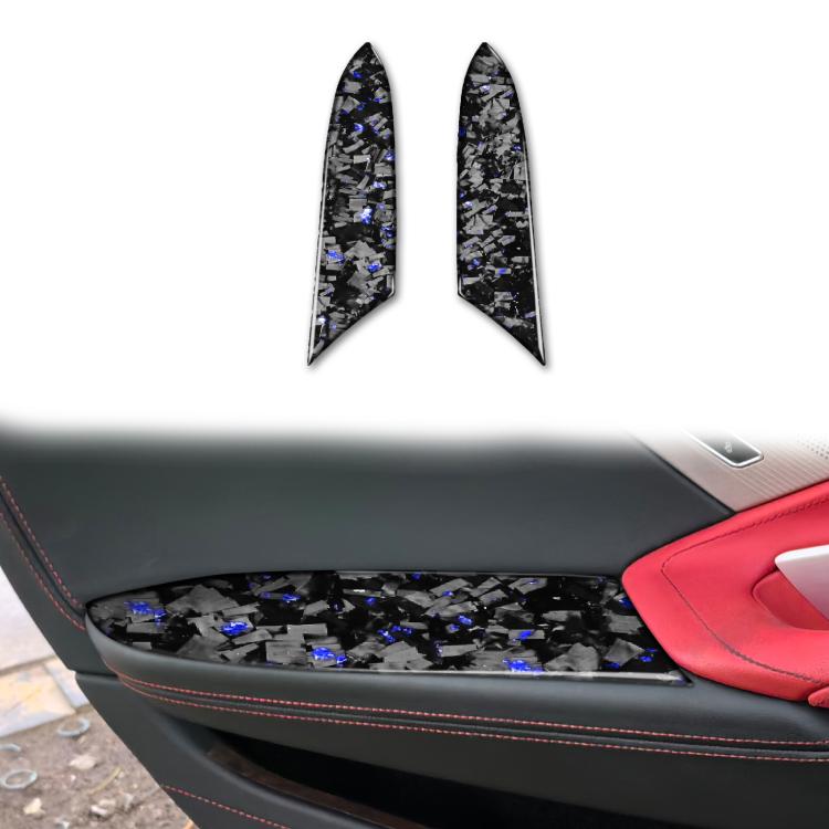 Two carbon-fiber armrest panel stickers, black with blue accents (left/right)