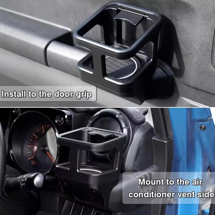 Black cup holder attached to the side of an air conditioner vent